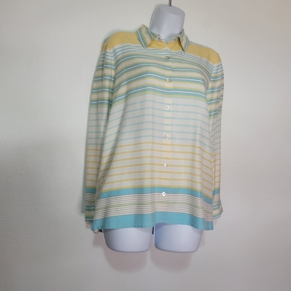 J jill size mp silk blue/yellow stripes long sleeves tunic button up blouse - Picture 1 of 8